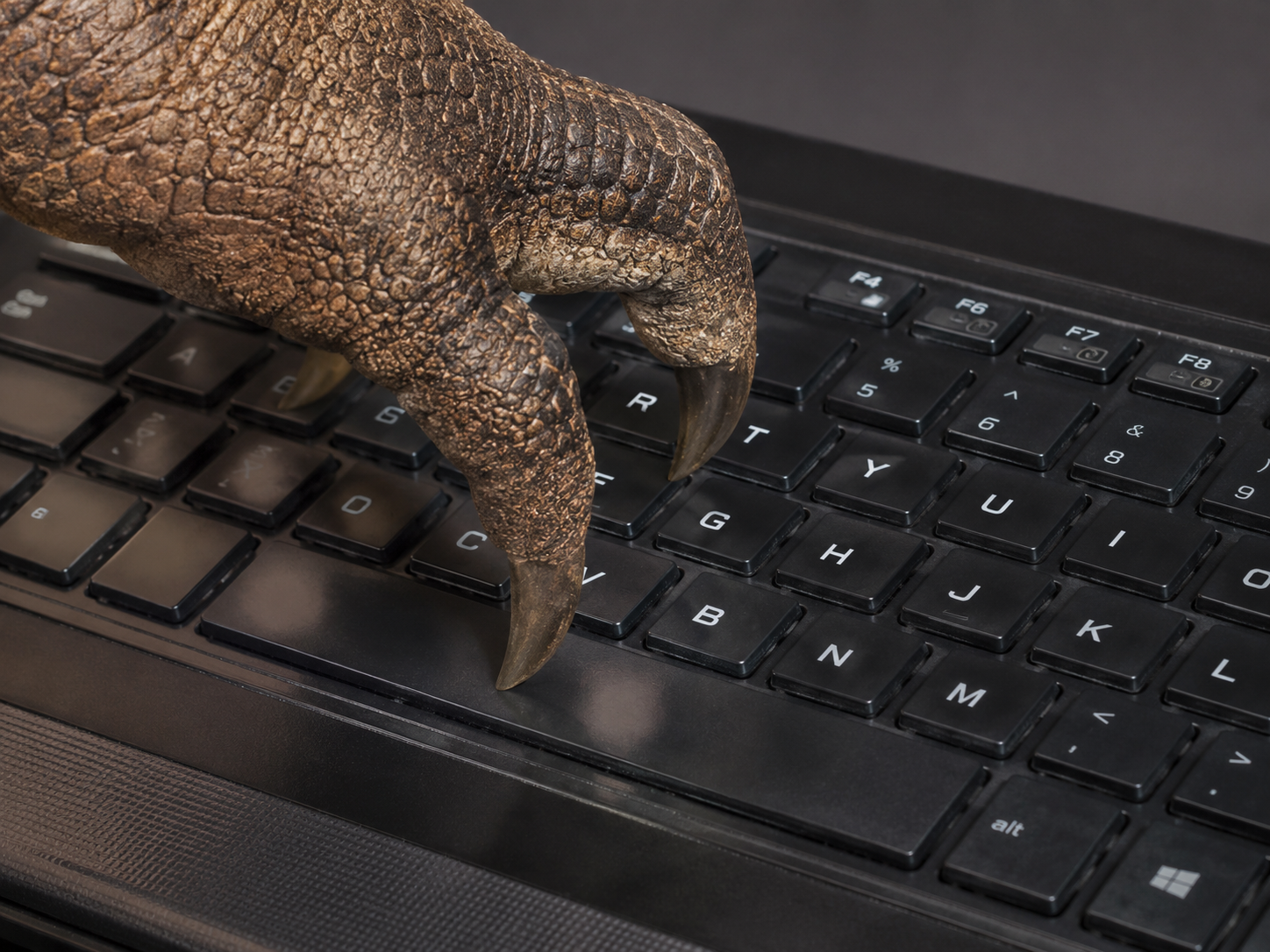 A leathery clawed dinosaur foot resting on a modern computer keyboard